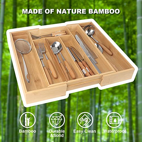 KAHOO Bamboo Kitchen Drawer Organizer, Kitchen Drawer Organizer and Utensil Organizer, Silverware Organizer with Grooved Drawer Dividers for Kitchen Utensil and Flatware Bedroom Office