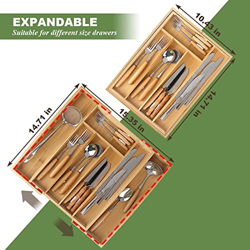 KAHOO Bamboo Kitchen Drawer Organizer, Kitchen Drawer Organizer and Utensil Organizer, Silverware Organizer with Grooved Drawer Dividers for Kitchen Utensil and Flatware Bedroom Office