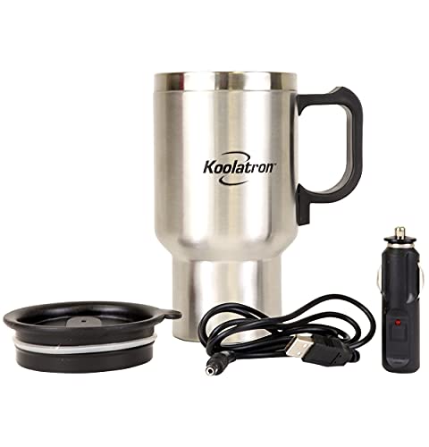 Koolatron 12V USB Insulated Travel Mug with Heater, 500 mL (17 oz), Silver and Black Stainless Steel for Car, SUV, Truck, Office, Home, Dorm