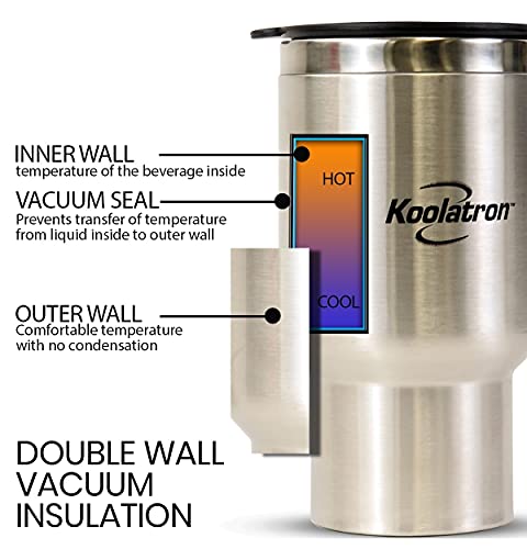 Koolatron 12V USB Insulated Travel Mug with Heater, 500 mL (17 oz), Silver and Black Stainless Steel for Car, SUV, Truck, Office, Home, Dorm