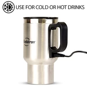 Koolatron 12V USB Insulated Travel Mug with Heater, 500 mL (17 oz), Silver and Black Stainless Steel for Car, SUV, Truck, Office, Home, Dorm