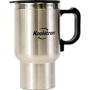 Koolatron 12V USB Insulated Travel Mug with Heater, 500 mL (17 oz), Silver and Black Stainless Steel for Car, SUV, Truck, Office, Home, Dorm