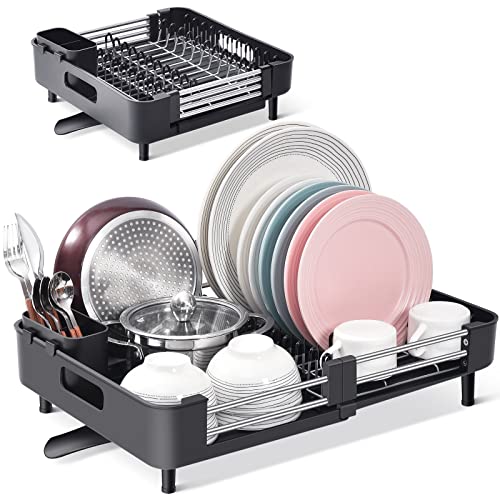 TOOLF Extendable Dish Rack, Dual Part Dish Drainers with Non-Scratch and Movable Cutlery Drainer and Drainage Spout, Adjustable Dish Drying Rack for Kitchen, 1 Piece Black