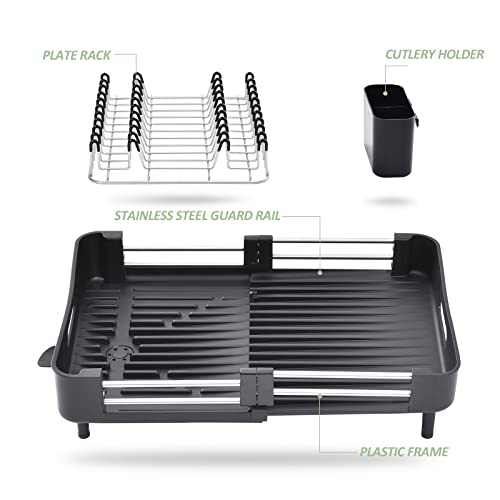TOOLF Extendable Dish Rack, Dual Part Dish Drainers with Non-Scratch and Movable Cutlery Drainer and Drainage Spout, Adjustable Dish Drying Rack for Kitchen, 1 Piece Black