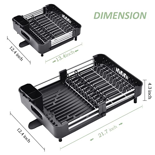 TOOLF Extendable Dish Rack, Dual Part Dish Drainers with Non-Scratch and Movable Cutlery Drainer and Drainage Spout, Adjustable Dish Drying Rack for Kitchen, 1 Piece Black