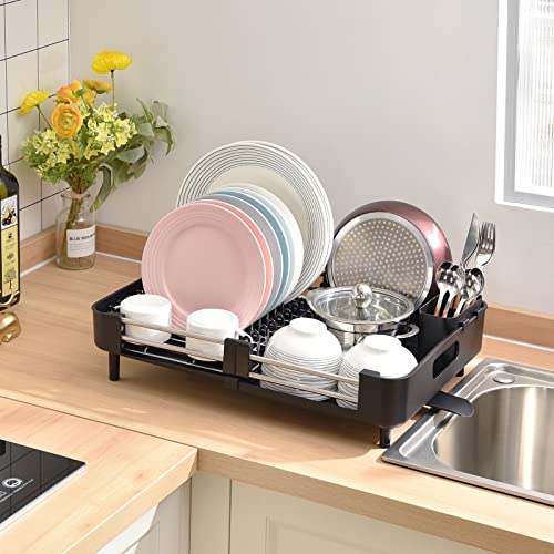 TOOLF Extendable Dish Rack, Dual Part Dish Drainers with Non-Scratch and Movable Cutlery Drainer and Drainage Spout, Adjustable Dish Drying Rack for Kitchen, 1 Piece Black