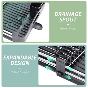 TOOLF Extendable Dish Rack, Dual Part Dish Drainers with Non-Scratch and Movable Cutlery Drainer and Drainage Spout, Adjustable Dish Drying Rack for Kitchen, 1 Piece Black