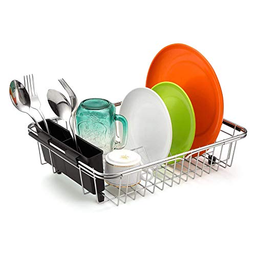 Expandable Dish Drying Rack Over The Sink Dish Rack for Kitchen in Sink or On Counter Dish Drainer with Black Utensil Holder, Rustproof SUS304