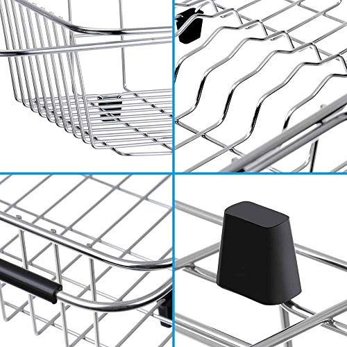 Expandable Dish Drying Rack Over The Sink Dish Rack for Kitchen in Sink or On Counter Dish Drainer with Black Utensil Holder, Rustproof SUS304