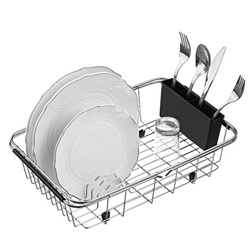 Expandable Dish Drying Rack Over The Sink Dish Rack for Kitchen in Sink or On Counter Dish Drainer with Black Utensil Holder, Rustproof SUS304