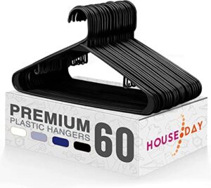 house day black plastic hangers 60 pack, durable clothes hanger with hooks, space saving hangers are perfect for use in any closet, light-weight clothes hangers plastic for everyday use