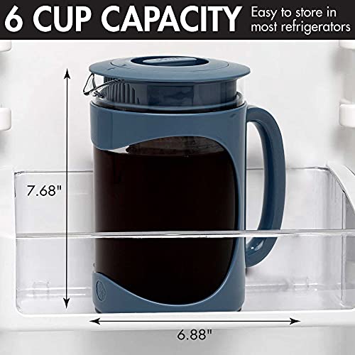 Primula Burke Deluxe Cold Brew Iced Coffee Maker, Comfort Grip Handle, Durable Glass Carafe, Removable Mesh Filter, Perfect 6 Cup Size, Dishwasher Safe, 1.6 qt, Blue