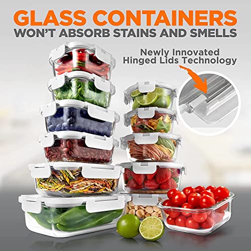 24 Piece Food Storage Containers Set with Easy Snap Lids (12 Lids + 12 Containers) - Glass Containers for Pantry