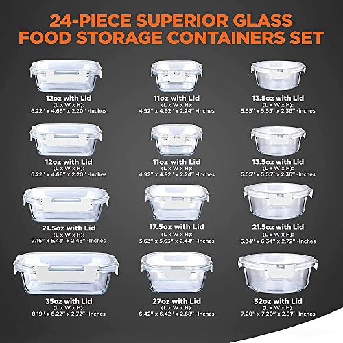 24 Piece Food Storage Containers Set with Easy Snap Lids (12 Lids + 12 Containers) - Glass Containers for Pantry