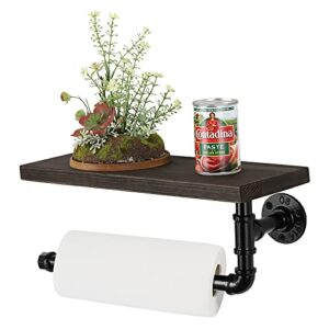 industrial wall paper towel holder wood & pipe floating shelf vintage hand roll paper towel holders stand wall mounted toilet paper storage rack for bathroom, kitchen, washroom(rustic brown)