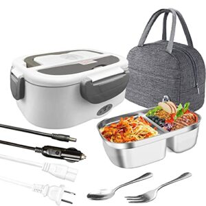 electric lunch box food heater, yokgrass 2-compartment fast heating adults food warmer for car truck and home, protable, leak proof, with 1.5l stainless steel container, fork, spoon and insulation bag