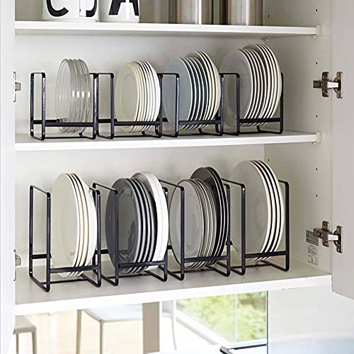 4PCS Plate Holders Organizer, Metal Dish Storage Dying Display Rack for Cabinet, Counter and Cupboard - Black， 2 Small and 2 Large