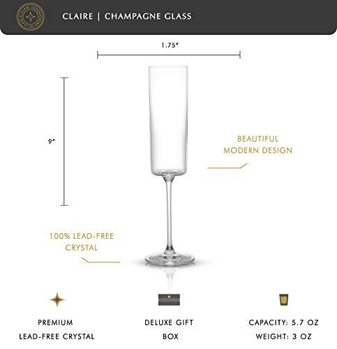 JoyJolt Champagne Flutes – Claire Collection Crystal Champagne Glasses Set of 2 – 5.7 Ounce Capacity – Exquisite Craftsmanship – Ideal for Home Bar, Special Occasions – Made in Europe