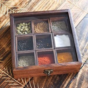 Ajuny Wooden 9 Containers Masala Dabba Spice Box with Glass Lid on Top and Spoon, 5.5x20.5 Cm