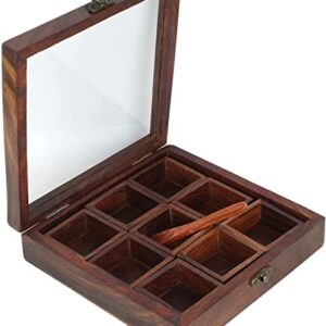 Ajuny Wooden 9 Containers Masala Dabba Spice Box with Glass Lid on Top and Spoon, 5.5x20.5 Cm