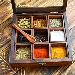 Ajuny Wooden 9 Containers Masala Dabba Spice Box with Glass Lid on Top and Spoon, 5.5x20.5 Cm