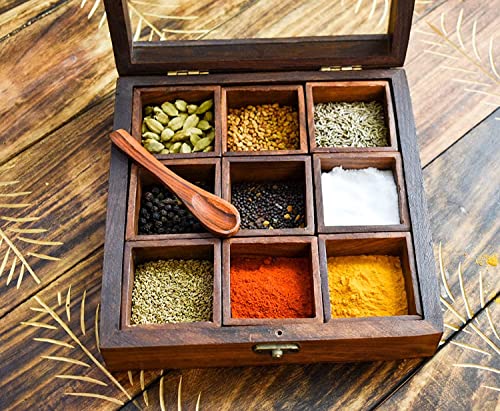 Ajuny Wooden 9 Containers Masala Dabba Spice Box with Glass Lid on Top and Spoon, 5.5x20.5 Cm