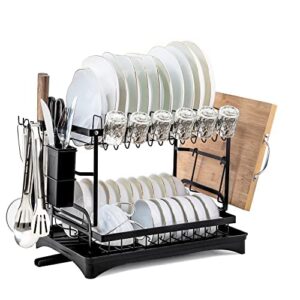 keasiness 2 tier stainless steel dish racks, compact dish drying rack metal dish drainer kitchen counter with drainboard
