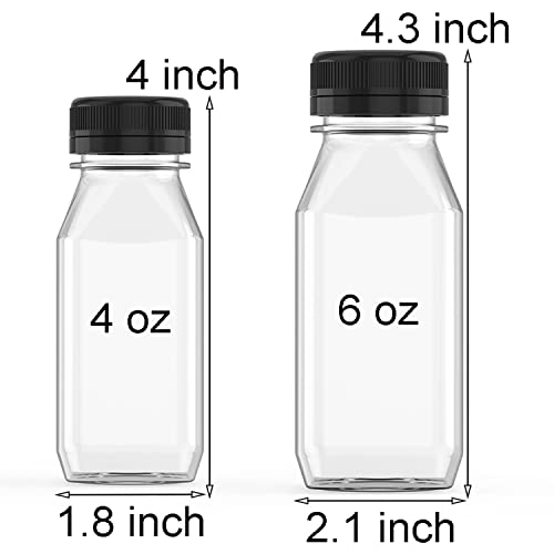 6 Pcs 4 oz Plastic Juice Bottle Reusable Transparent Bulk Beverage Containers for Juice, Milk And Other With Black Lids