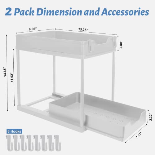 Under Sink Organizer, Sliding Cabinet Basket Organizer 2 Tier Under Bathroom Storage Rack with Hooks, Multi-purpose Storage Shelf for Bathroom Kitchen (White, 2 Pack)