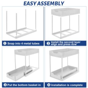 Under Sink Organizer, Sliding Cabinet Basket Organizer 2 Tier Under Bathroom Storage Rack with Hooks, Multi-purpose Storage Shelf for Bathroom Kitchen (White, 2 Pack)