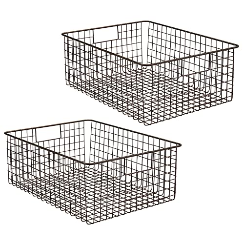 mDesign Metal Wire Food Storage Basket Organizer with Handles for Organizing Kitchen Cabinets, Pantry Shelf, Bathroom, Laundry Room, Closets, Garage - Concerto Collection - 2 Pack - Bronze