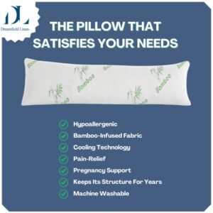 DreamField Linen Bamboo Full Body Pillow for Adults - Cooling Shredded Memory Foam Long Pillow for Sleeping, Removable and Washable Hypoallergenic Bamboo Pillow Cover with Zipper