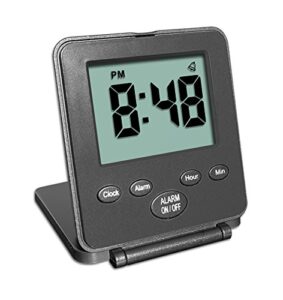 digital travel alarm clock – no bells, no whistles, simple basic operation, loud alarm, snooze, small and light, on/off switch, 2 aaa battery powered, black