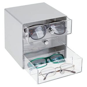 mdesign stackable plastic eye glass storage organizer box holder for sunglasses, reading glasses, lens cleaning cloths, and accessories – 3 divided drawers, chrome pulls – gray/clear