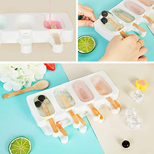 Ouddy Life Popsicle Molds Set of 2, Ice Pop Molds Silicone 4 Cavities Ice Cream Mold Oval Cake Pop Mold with 50 Wooden Sticks for DIY Popsicle, Clear