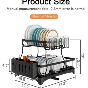 ZhenGuiRu Dish Drying Rack, 2-Tier Black Dish Racks for Kitchen Counter, Detachable Large Capacity Dish Drainer Organizer with Utensil Holder, Dish Drying Rack with Drain Board