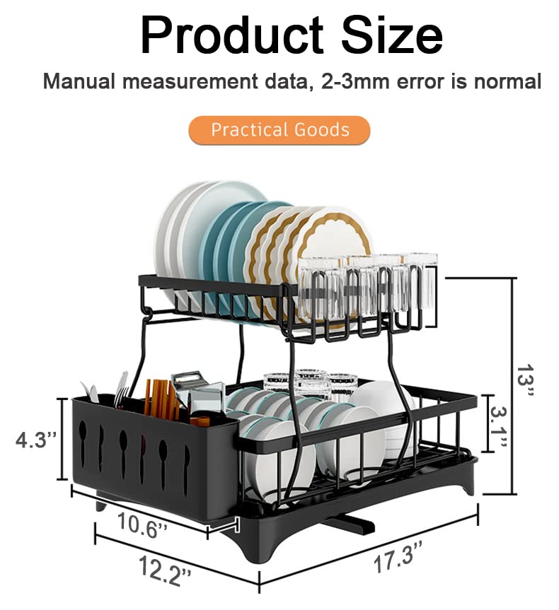 ZhenGuiRu Dish Drying Rack, 2-Tier Black Dish Racks for Kitchen Counter, Detachable Large Capacity Dish Drainer Organizer with Utensil Holder, Dish Drying Rack with Drain Board