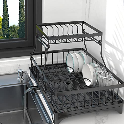 ZhenGuiRu Dish Drying Rack, 2-Tier Black Dish Racks for Kitchen Counter, Detachable Large Capacity Dish Drainer Organizer with Utensil Holder, Dish Drying Rack with Drain Board