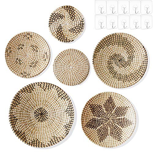 Wall Basket Decor Set of 6, Boho Hanging Seagrass Baskets Woven Basket Wall Decor, Natural Handmade Round Wicker Wall Decor with 10 Hooks,Boho Wall Decor 7.9" to 13.8" for Living Room Wall Art