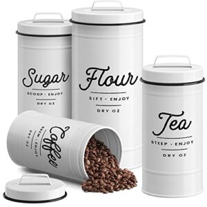 barnyard designs white canister sets for kitchen counter, vintage kitchen canisters, country rustic farmhouse decor for the kitchen, coffee tea sugar flour farmhouse kitchen decor, metal, set of 4