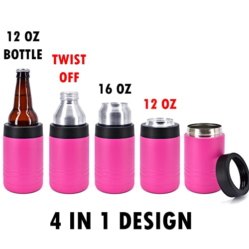 Clear Water Home Goods 4-in-1 Stainless Steel 12 oz Double Wall Vacuum Insulated Can or Bottle Cooler Keeps Beverage Cold for Hours - Also Fits 16 oz Cans - Powder Coated Pink