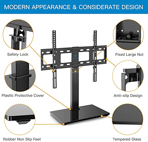 PERLESMITH Universal Swivel TV Stand Base, Table Top TV Stand for 37 to 65, 70 inch LCD LED TVs, Height Adjustable TV Mount Stand with Tempered Glass Base, VESA 600x400mm, Holds up to 88lbs, PSTVS13