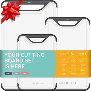 cutting boards for kitchen – plastic cutting board set of 3, dishwasher safe cutting boards with juice grooves, thick chopping boards for meat, veggies, fruits, easy grip handle, non-slip (black)