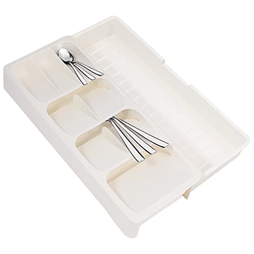 Faridabio Kitchen Drawer Organizer Tray,Expandable Cutlery Silverware Organizer Storage Tray for Kitchen Drawer Flatware Spoons Forks,Creamy White