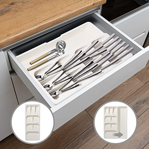 Faridabio Kitchen Drawer Organizer Tray,Expandable Cutlery Silverware Organizer Storage Tray for Kitchen Drawer Flatware Spoons Forks,Creamy White