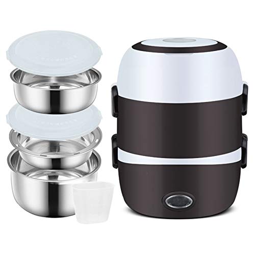 3 Layers Electric Warmer Lunch Box Food Heater Portable Bento Rice Cooker Office Lunch Containers Warming Home Food Grade Material Steamer with Stainless Steel Bowls, Egg Steaming Rack -Brown