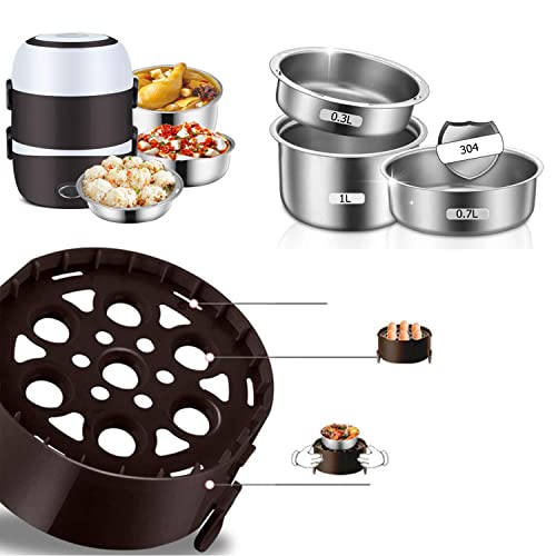 3 Layers Electric Warmer Lunch Box Food Heater Portable Bento Rice Cooker Office Lunch Containers Warming Home Food Grade Material Steamer with Stainless Steel Bowls, Egg Steaming Rack -Brown