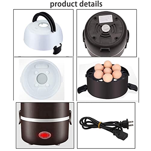 3 Layers Electric Warmer Lunch Box Food Heater Portable Bento Rice Cooker Office Lunch Containers Warming Home Food Grade Material Steamer with Stainless Steel Bowls, Egg Steaming Rack -Brown