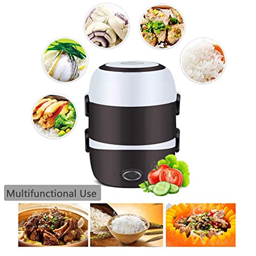 3 Layers Electric Warmer Lunch Box Food Heater Portable Bento Rice Cooker Office Lunch Containers Warming Home Food Grade Material Steamer with Stainless Steel Bowls, Egg Steaming Rack -Brown