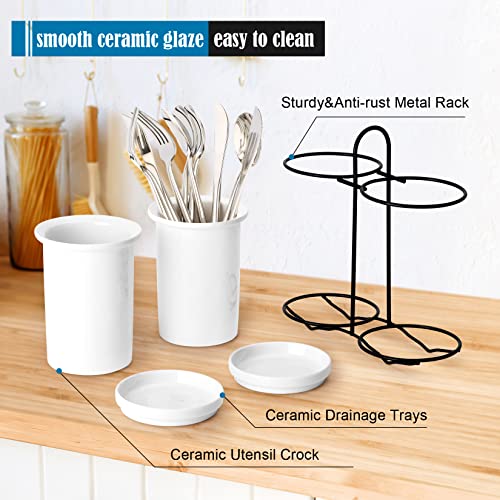 Kitchen Utensil Holder, Ceramic Utensils Crock for Countertop, Cooking Utensil Crock with Drain Holes and Metal Rack , Utensil Organizer for Countertop, Easy to Clean for Party, Home, Counter-White